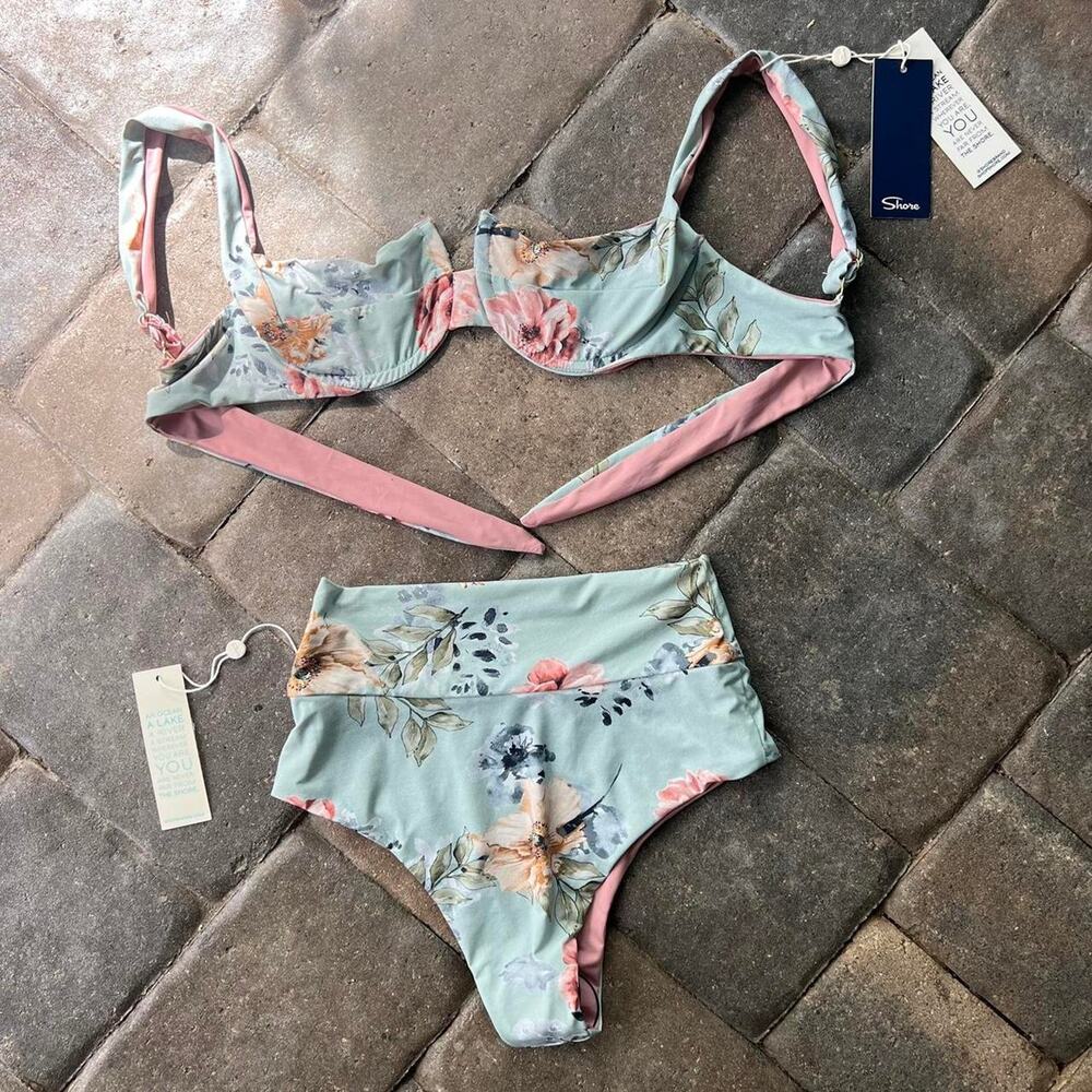 Shore Floral High-Waist Bikini Set in Mint and Pink